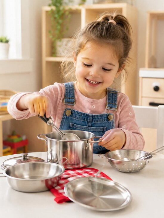 The Unbranded Brand Other - Kids Stainless Steel Play Kitchen Cookware Set, Pretend Cooking Pots & Pans Toy